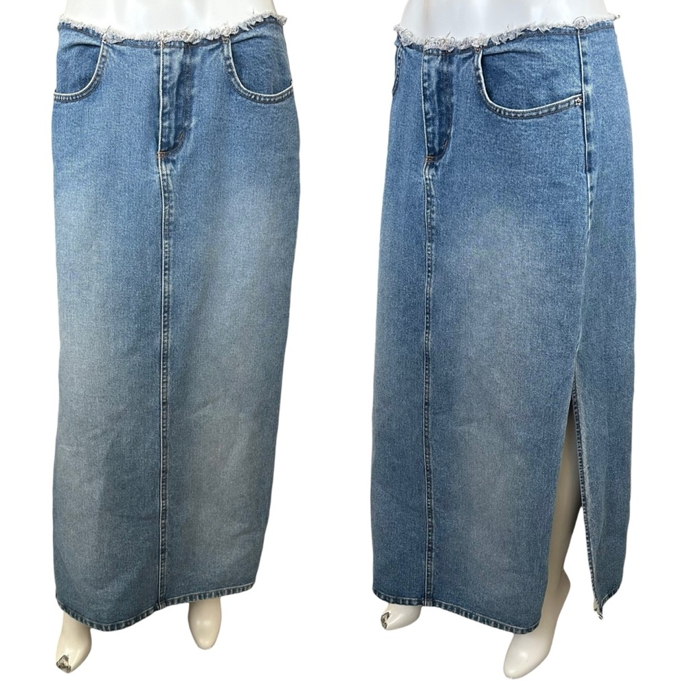 Y2K Bubblegum Raw Hem Low Waist High Side Slits Faded Denim Maxi Skirt Size 7/8